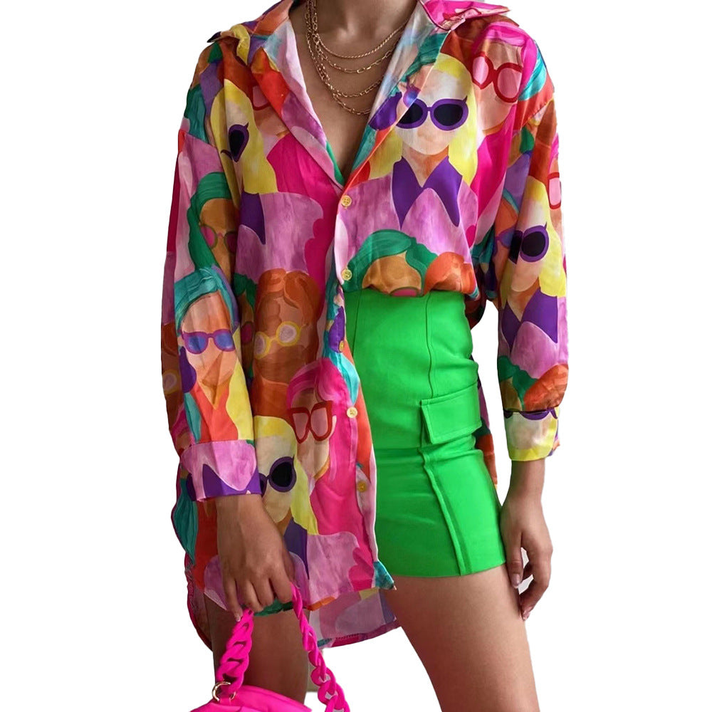 Damen Oversized Bluse mit buntem Grafikdruck EB