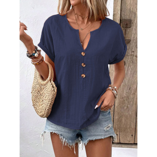 Damen lässige Bluse mit Knopfleiste und rundem Ausschnitt EB