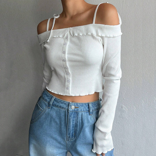 Damen geripptes schulterfreies Langarm-Cropped-Top mit Knopfleiste und Rüschensaum Eichborn Berlin