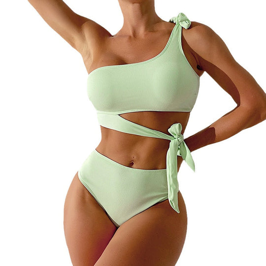 Damen Cut-Out Bikini-Set mit asymmetrischem Oberteil und modischen Bindebändern EB