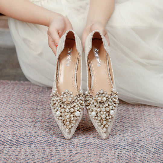 EB | Elegante Braut Ballerinas mit Spitze und Kunstperlen