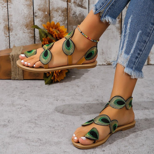 Damen Sandalen mit exzentrischem Design und bunten Federn EB