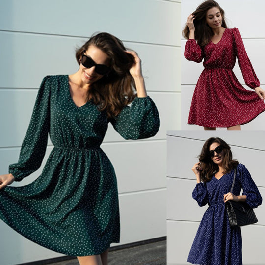 Damen Chiffon-Kleid mit V-Ausschnitt und ballonartigen Ärmeln EB