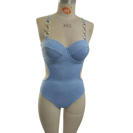Damen eleganter Badeanzug mit strukturierter Oberfläche und praktischer Schleife EB