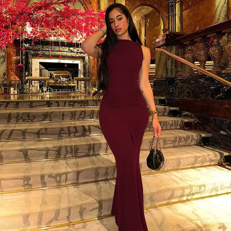 Damen Figurbetontes Maxikleid mit hochgeschlossenem Design und Raffung EB