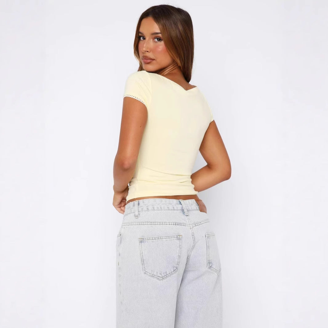Damen figurbetontes Kurzarm-Top mit Raffung und Zierkante EB