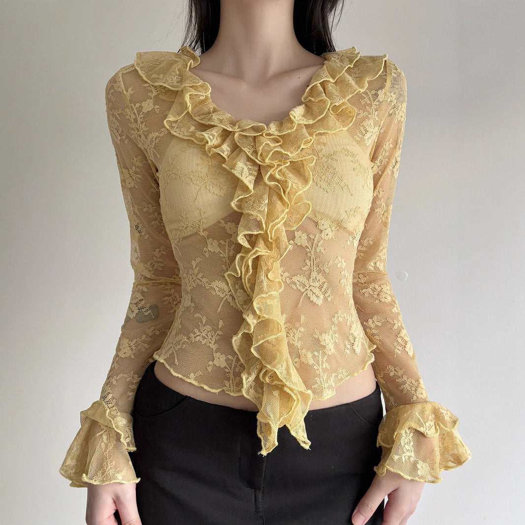 Damen Elegant verziertes Langarmoberteil aus Spitze mit Rüschen EB