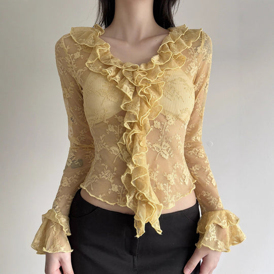 Damen Elegant verziertes Langarmoberteil aus Spitze mit Rüschen EB
