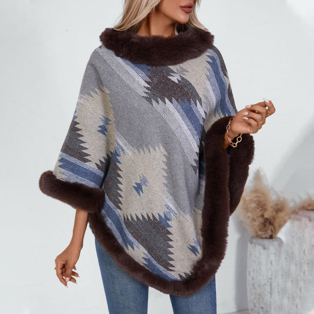 Damen Kuschelpullover mit hochwertigem Kunstfellbesatz und geometrischem Muster EB