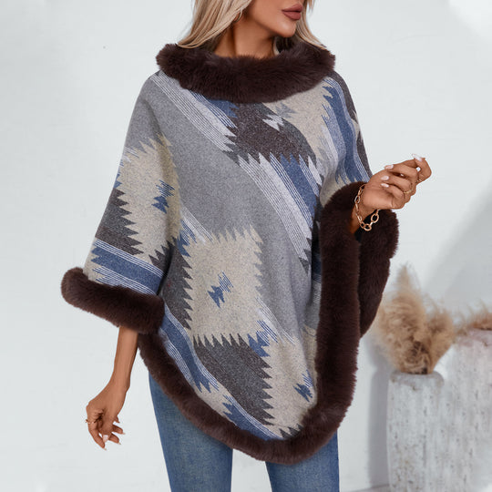 Damen Kuschelpullover mit hochwertigem Kunstfellbesatz und geometrischem Muster EB