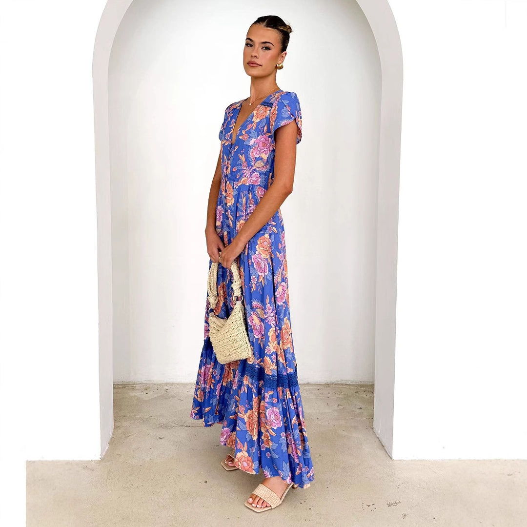 Damen Maxikleid mit elegantem V-Ausschnitt und femininen Rüschendetails EB