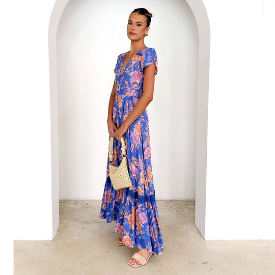 Damen Maxikleid mit elegantem V-Ausschnitt und femininen Rüschendetails EB
