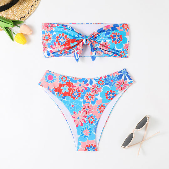 Damen Bandeau Bikini mit modischem Blumenmuster und verspieltem Knotendetail EB