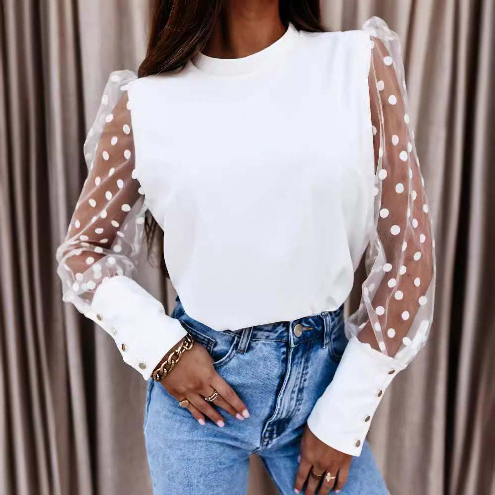 Damen Bluse mit transparenten Puffärmeln und Punktmuster EB