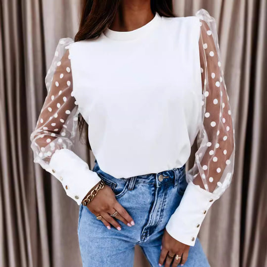 Damen Bluse mit transparenten Puffärmeln und Punktmuster EB