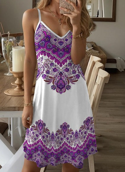 Damen Spaghetti-Träger Kleid mit stilvollem Paisleymuster und A-Linien Schnitt EB