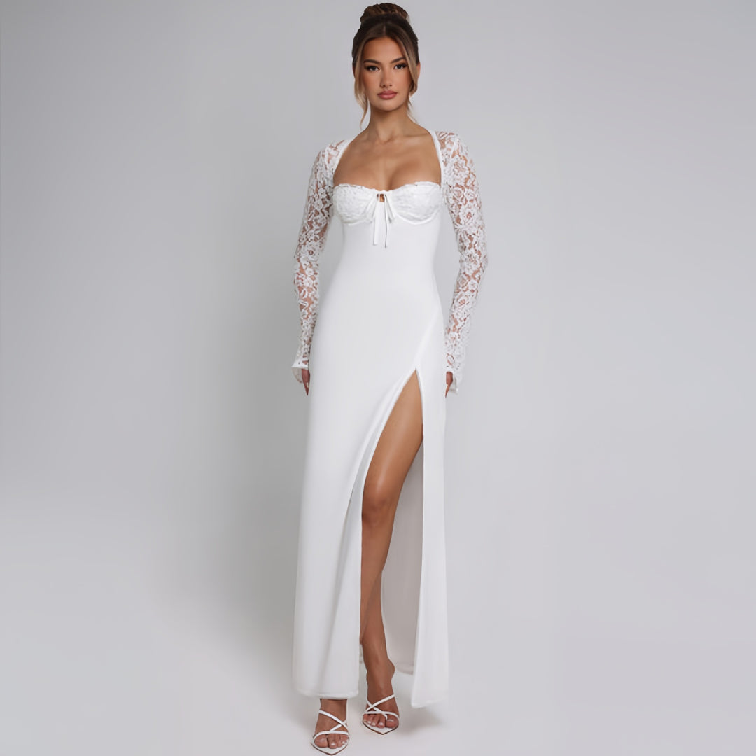 Damen Elegante Maxikleid mit transparenter Spitzenoberfläche und seitlichem Schlitz EB