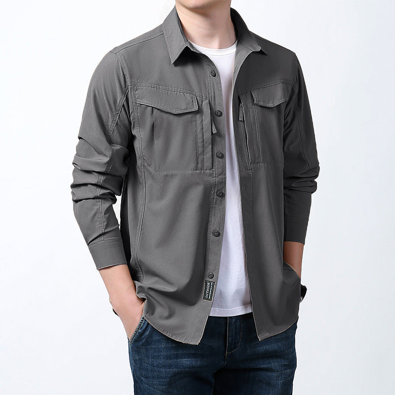 Herren  leichtes Utility-Hemdjacke mit Brustklappen, Reißverschlusstasche und stretchigem Funktionsgewebe EB