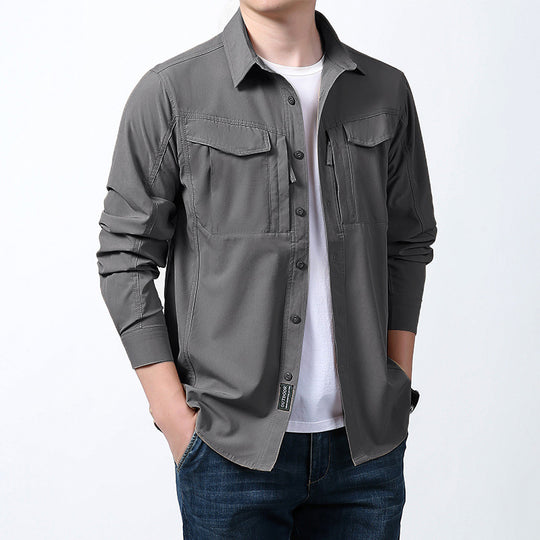 Herren  leichtes Utility-Hemdjacke mit Brustklappen, Reißverschlusstasche und stretchigem Funktionsgewebe EB