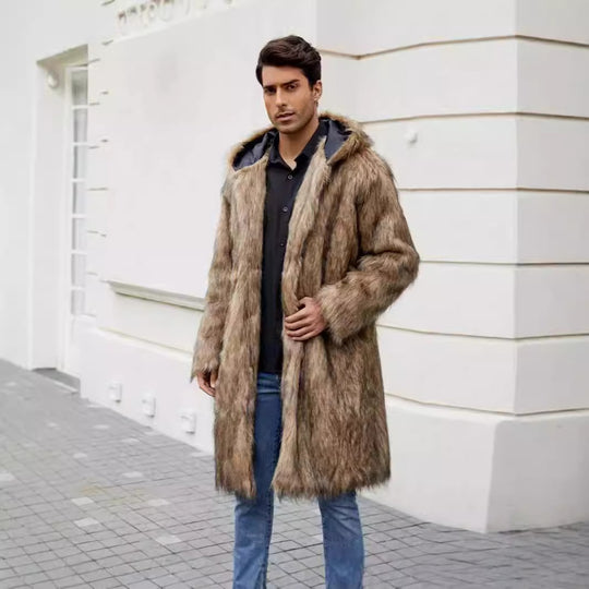 Herren Luxuriöser Kunstfellmantel mit Kapuze EB