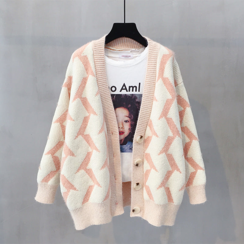 Damen Grobstrick Cardigan mit modernem Zickzackmuster und Knopfdetails EB