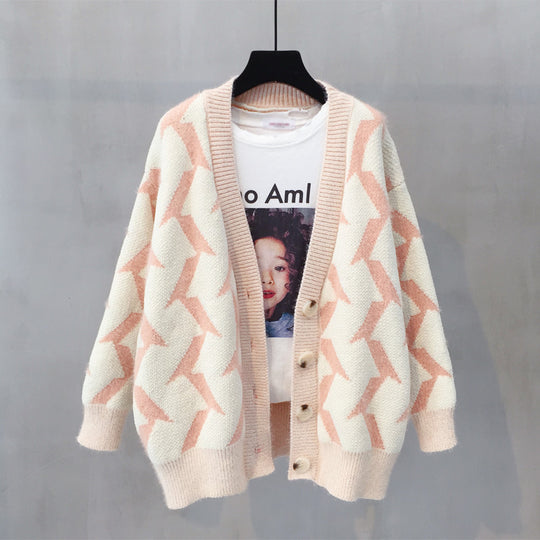 Damen Grobstrick Cardigan mit modernem Zickzackmuster und Knopfdetails EB