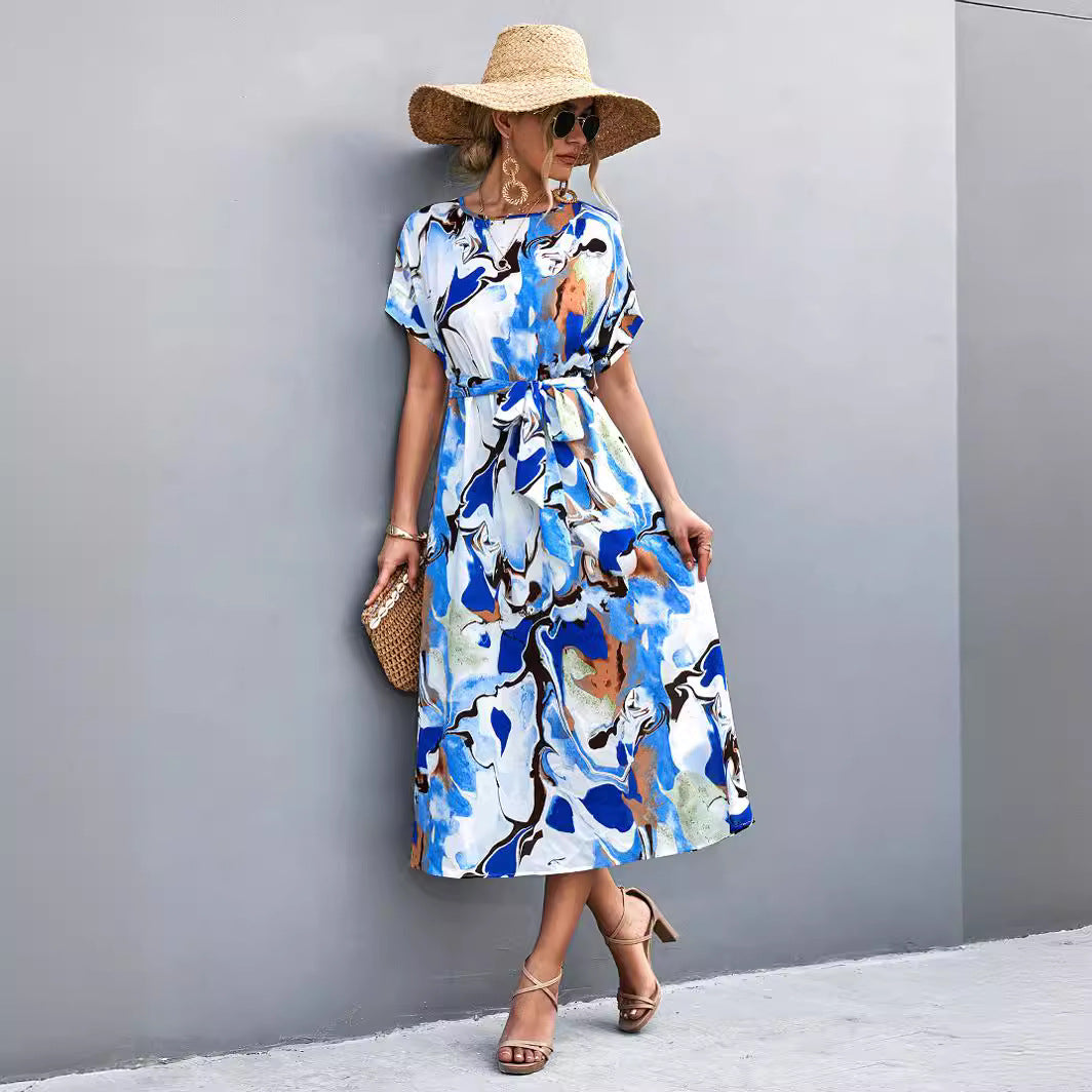 Damen Maxi-Kleid mit fließendem Schnitt und bindbarem Taillengürtel EB