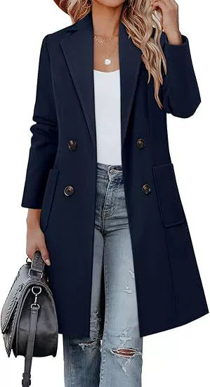 Damen Doppelreihiger Longblazer-Mantel mit aufgesetzten Taschen und taillierter Silhouette EB