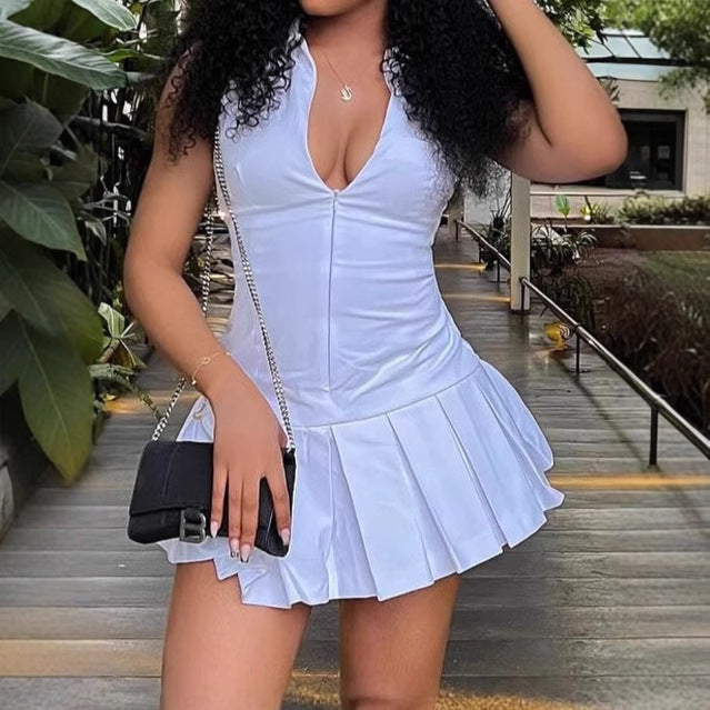 Damen Minikleid mit voluminösem Rock und tiefem V-Ausschnitt EB