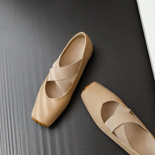 Damen elegante Ballerinas mit elastischen Riemen und glänzender Leder-Oberfläche EB
