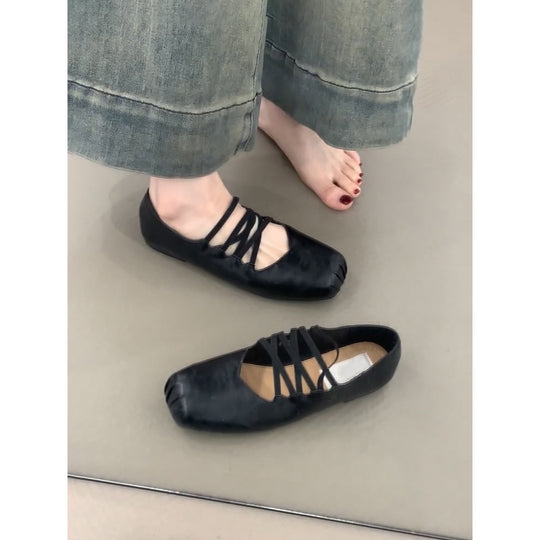 Damen Ballerina-Schuhe mit dekorativem Schnürdesign und hochwertiger Lederoberfläche EB
