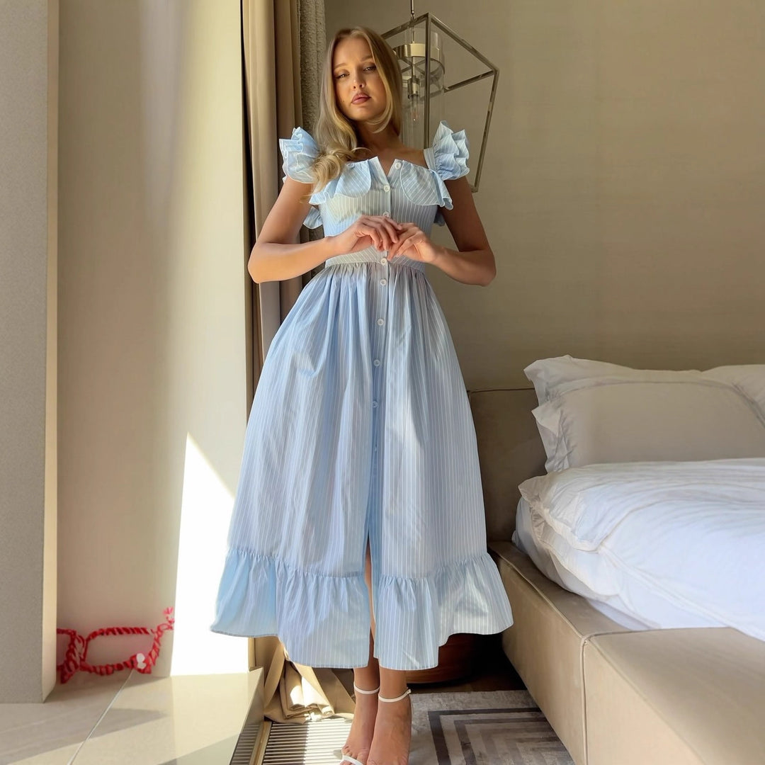 Damen Rüschensommerkleid mit Knopfdetails und weitem Rock EB