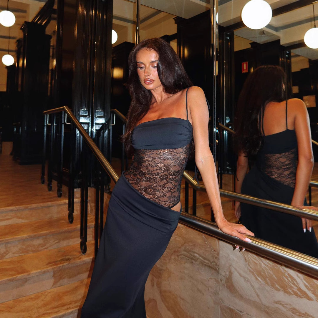 Damen elegantes Wickelmaxikleid mit transparenten Einsätzen und feinen Details EB