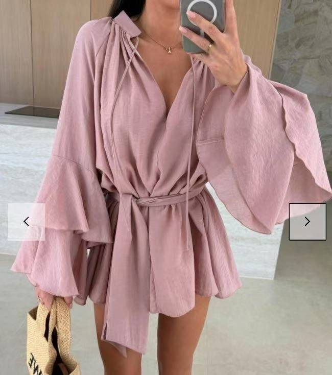 Damen lässiges Kaftan-Kleid mit voluminösen Ärmeln und Taillengürtel EB