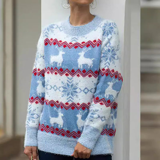 Damen gemütlicher Weihnachtspullover mit festlichem Rentierdesign EB