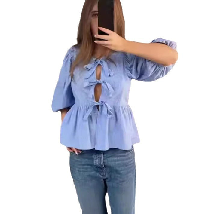 Damen Bluse mit raffinierten Schleifen und voluminösen Ärmeln Heidi-Mode