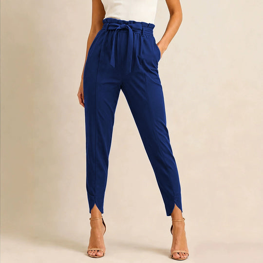Damen nan hoch taillierte Paperbag-Hose mit Bindegürtel und geschlitztem Knöchelabschluss EB