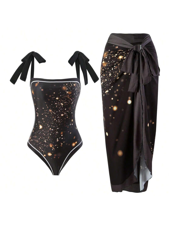 Damen Eleganter Badesuit mit floralen Akzenten und modischem Wickelrock EB