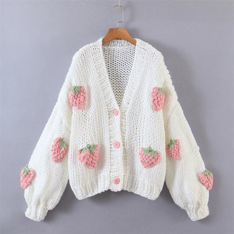 Damen Strickjacke mit Erdbeerapplikationen und Knopfverschluss EB