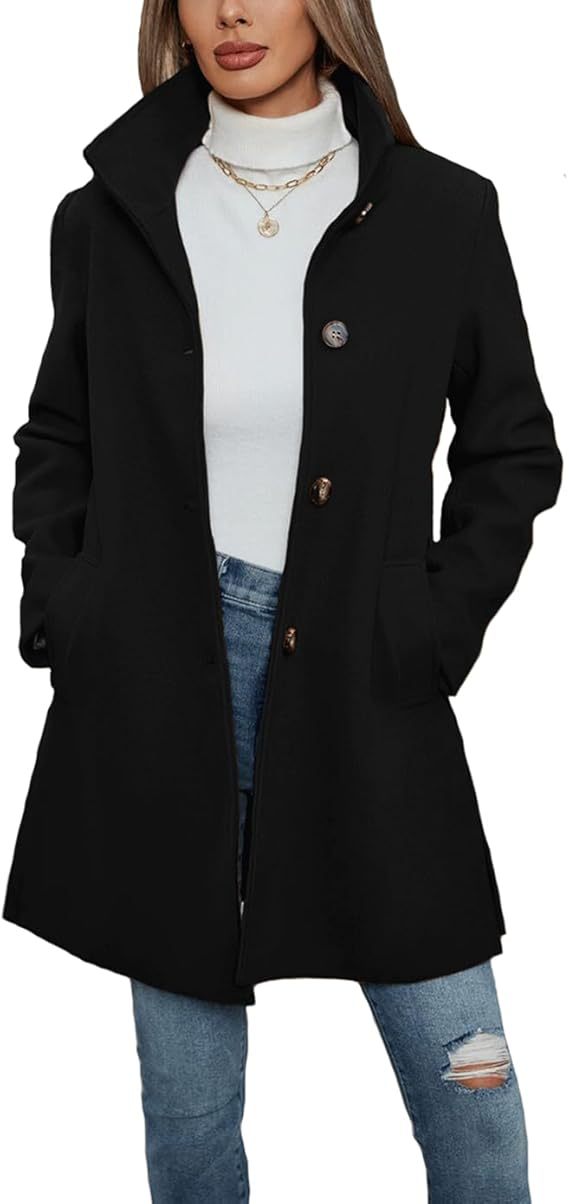 Damen Eleganter Wollmantel mit Hochgeschlossenem Kragen und Praktischen Taschen EB