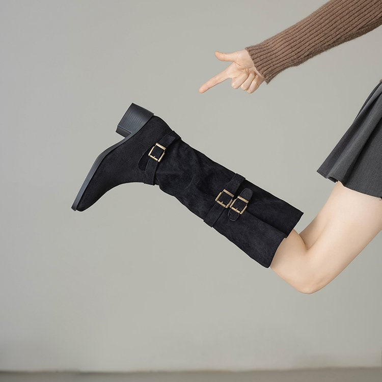 Damen Overknee Stiefel mit modischen Schnallen EB