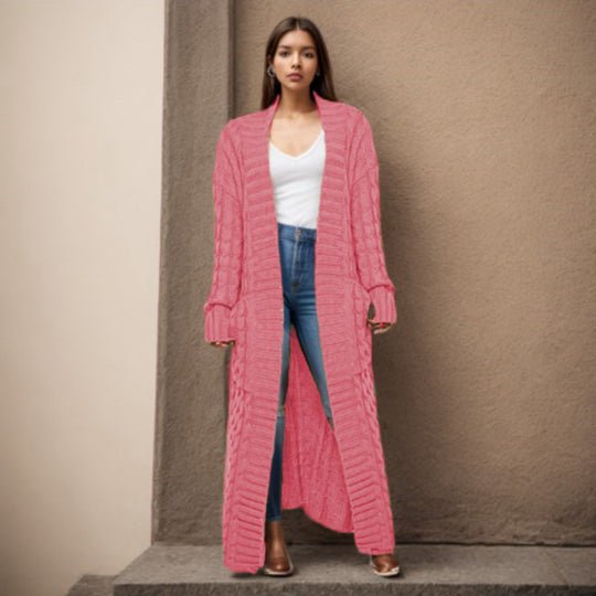 Damen Langer Strickcardigan mit raffiniertem Zopfdesign und praktischen Taschen EB