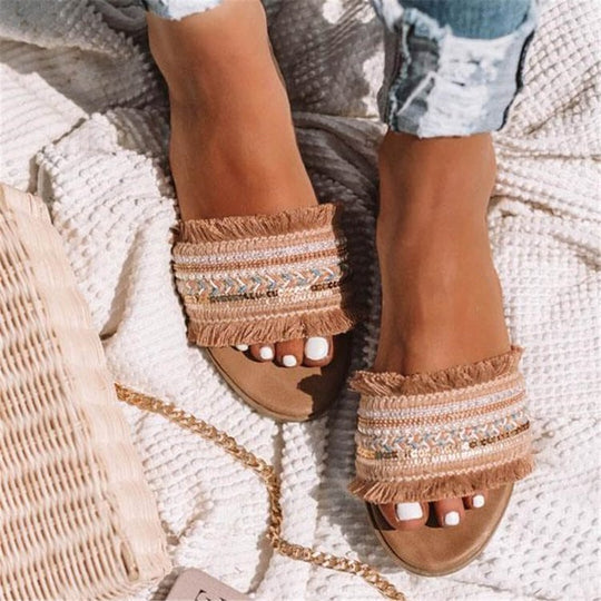Damen Freizeit-Sandalen mit fransigen Riemen und modischen Stickereien EB
