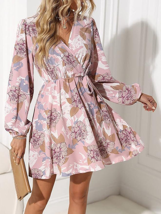 Damen Wickelkleid mit floralen Mustern und voluminösen Ärmeln EB