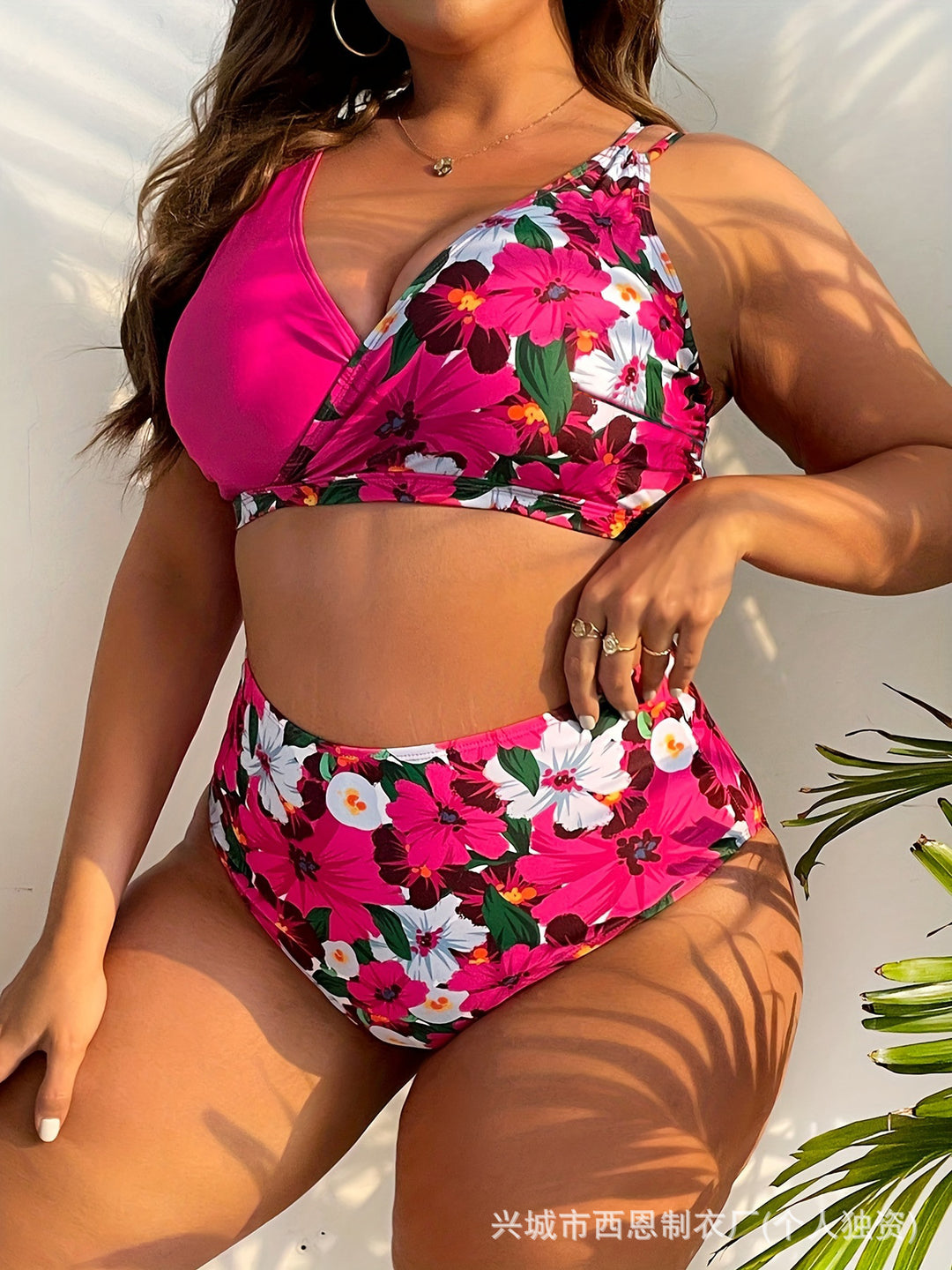 Damen nan Bikini-Set große Größen mit geformtem BH, V-Ausschnitt und hochgeschnittenem Taillenslip EB