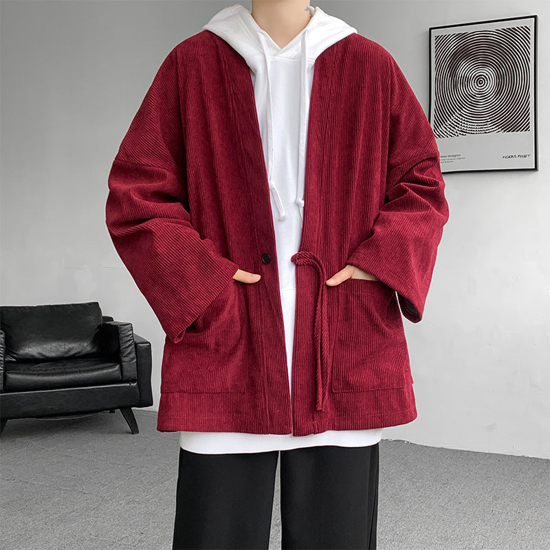 Herren nan oversized Cord-Kimono-Cardigan mit Kordelzug, aufgesetzten Taschen und Tropfenärmeln EB