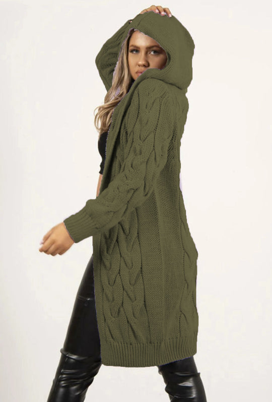 Damen Strickmantel mit Kapuze und Zopfmuster EB