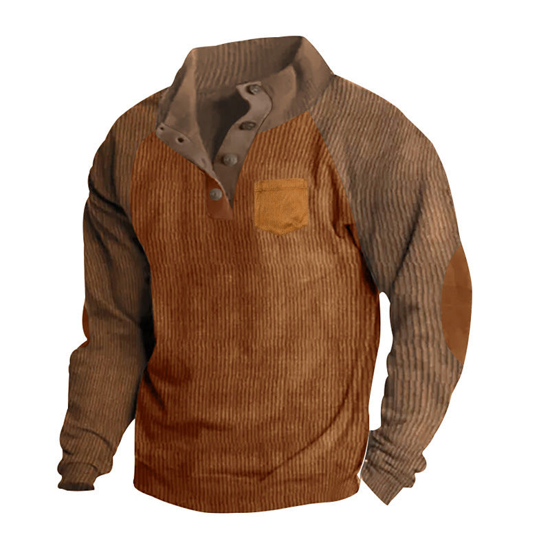 Herren Geripptes Henley‑Pullover mit Raglanärmeln, Ellenbogen‑Patches & Brusttasche EB