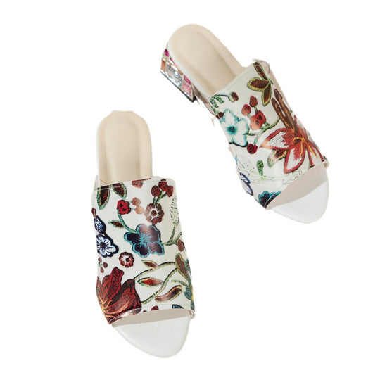 Damen Riemchen-Mules mit floralem Design und komfortablem Blockabsatz EB
