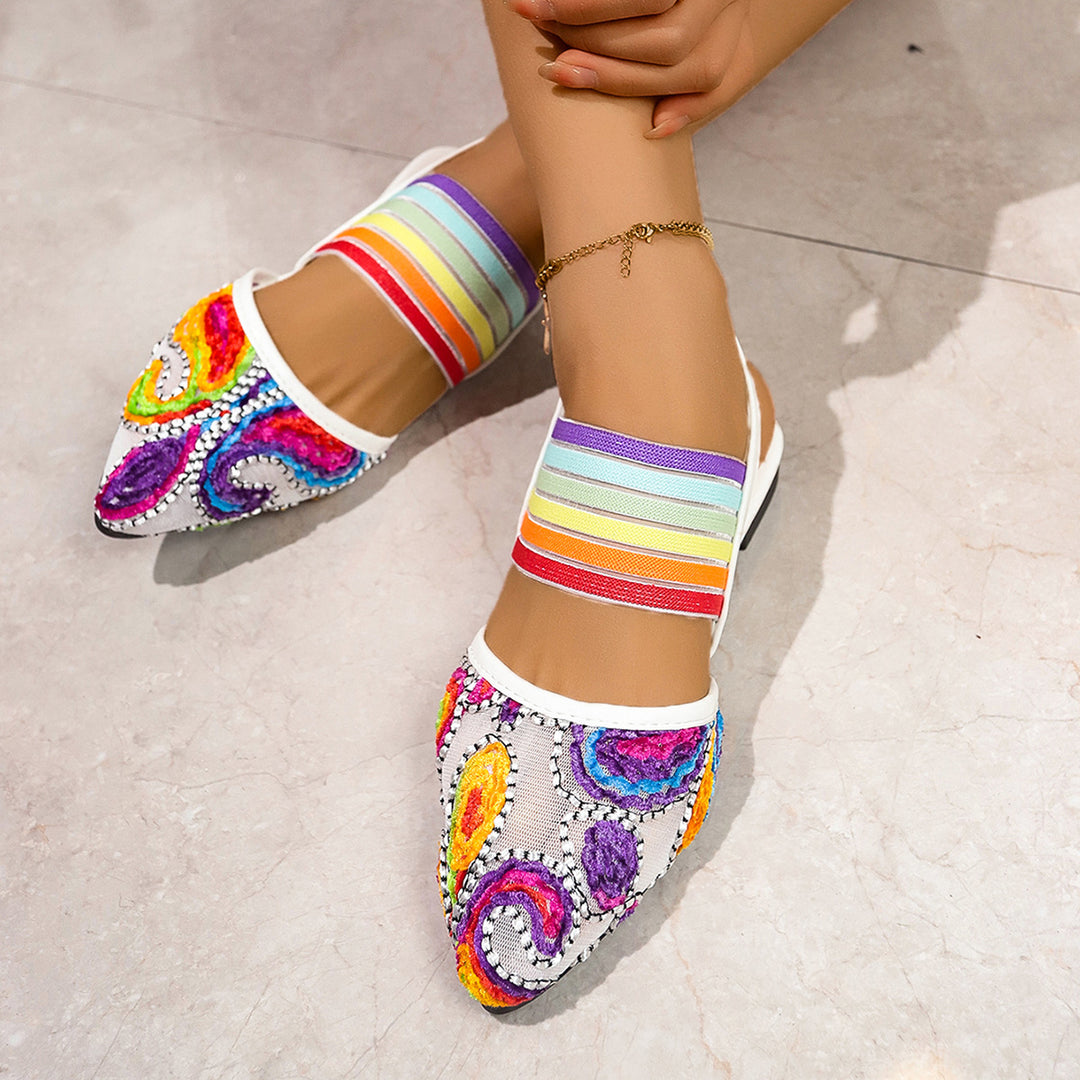 Damen Slipper mit buntem Stickmuster und elastischen Bändern EB